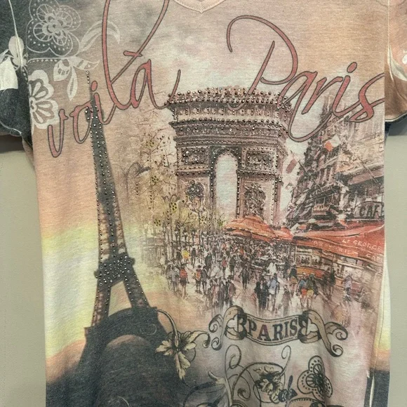 Y2K Era Dressbarn Paris Graphic Tee - Black and Pink w/ Rhinestones PM - Picture 3 of 6